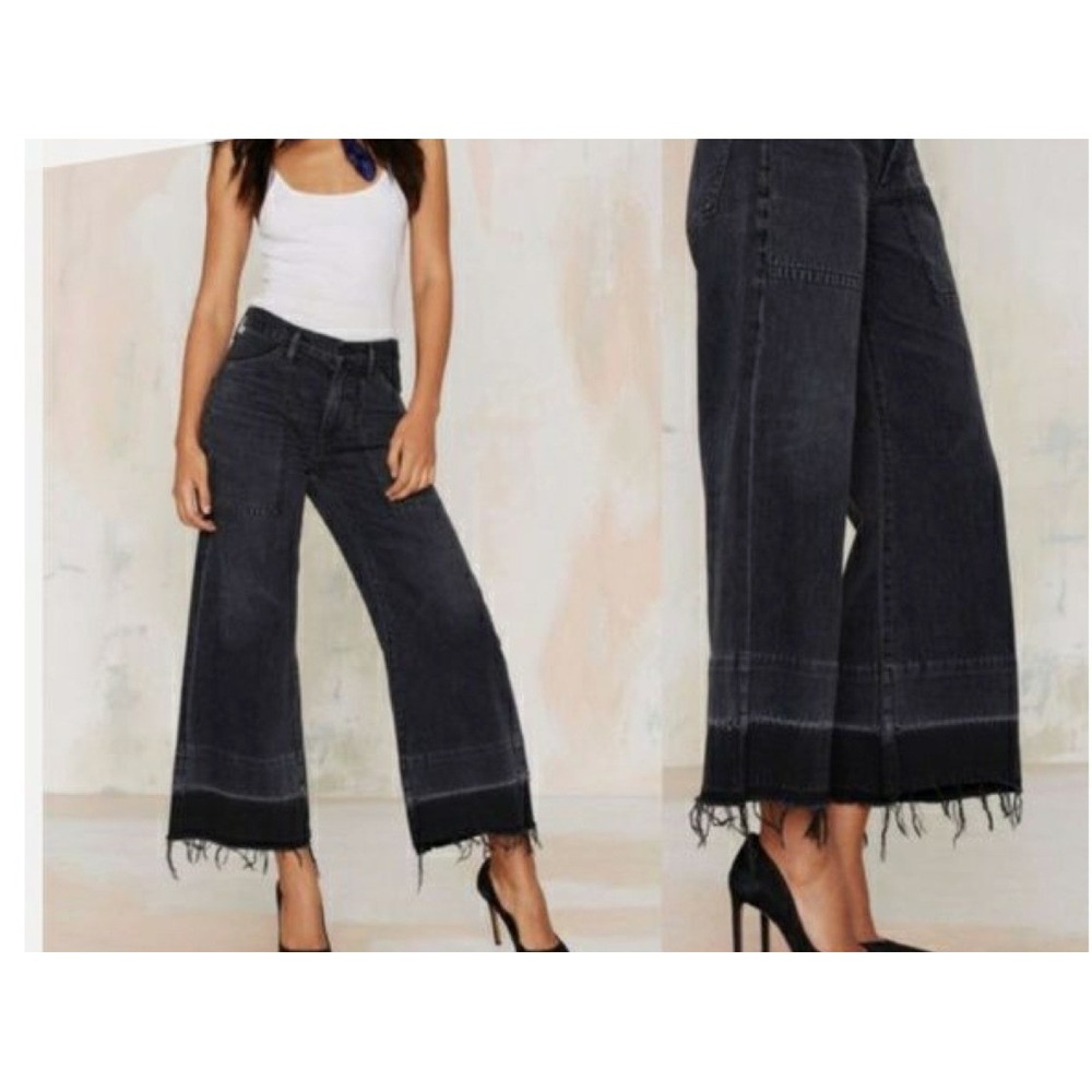 Citizens of Humanity Wide Leg Jeans Womens 27 Black Excellent‎ Raw Hem Cropped
